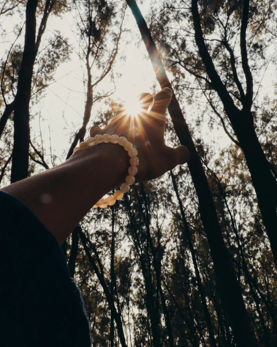 the hand of a person holding onto soing in front of some trees