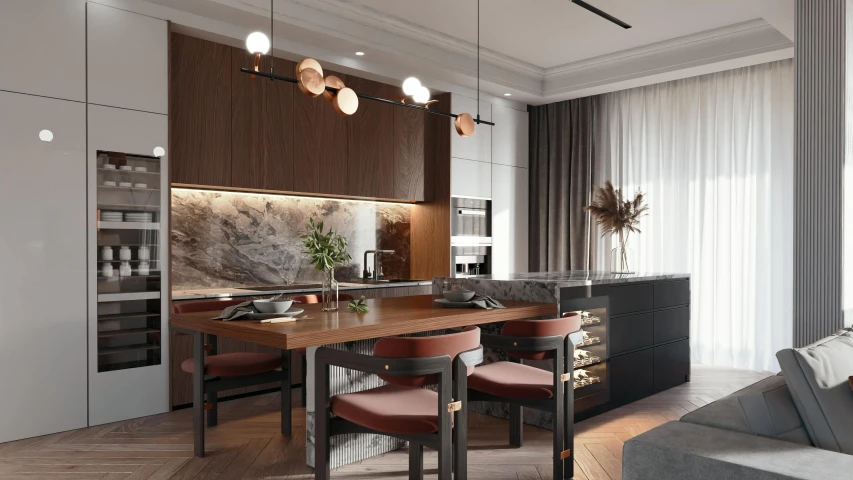 a small dining area with table and red chairs