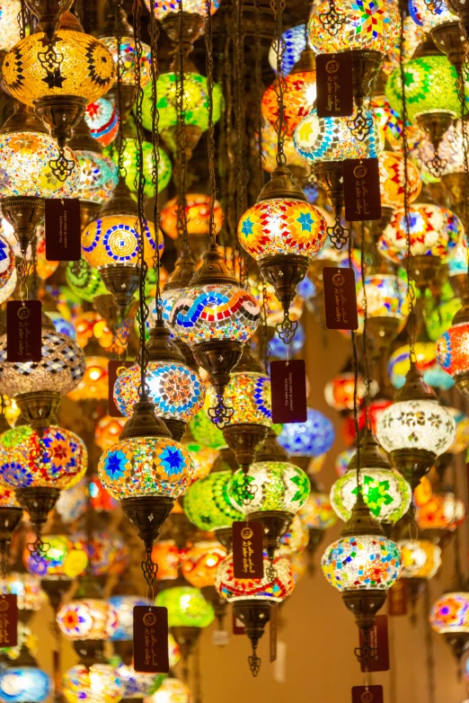 a display in a store with colorful lights hanging