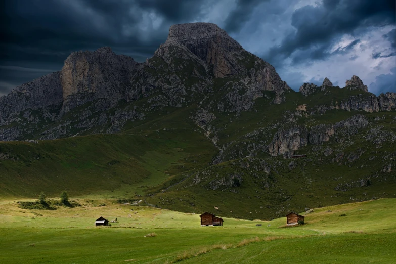 three horses grazing in a grassy field and large mountains