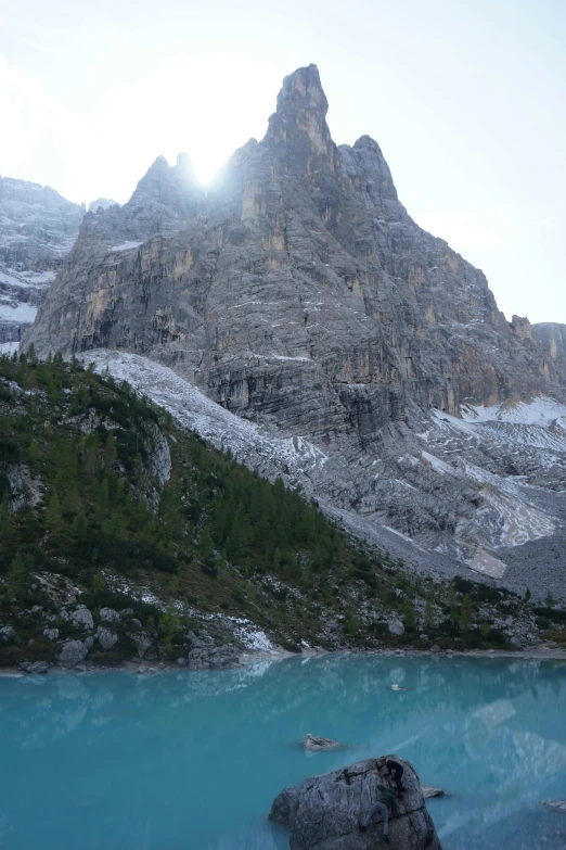 a mountain view with a body of water and some rocks