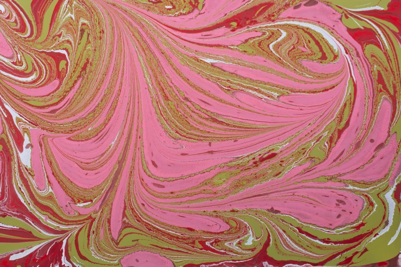 a painting of pink, green and gold on canvas