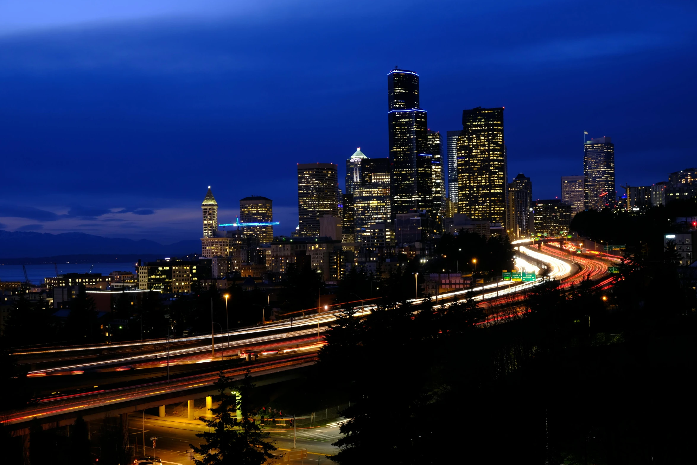 a view of the skyline from a high altitude of traffic