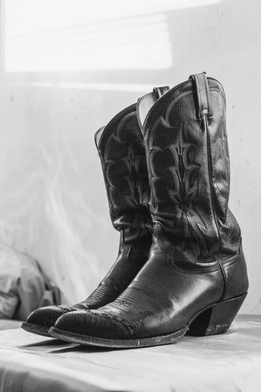 a pair of black cowboy boots are shown against a white background