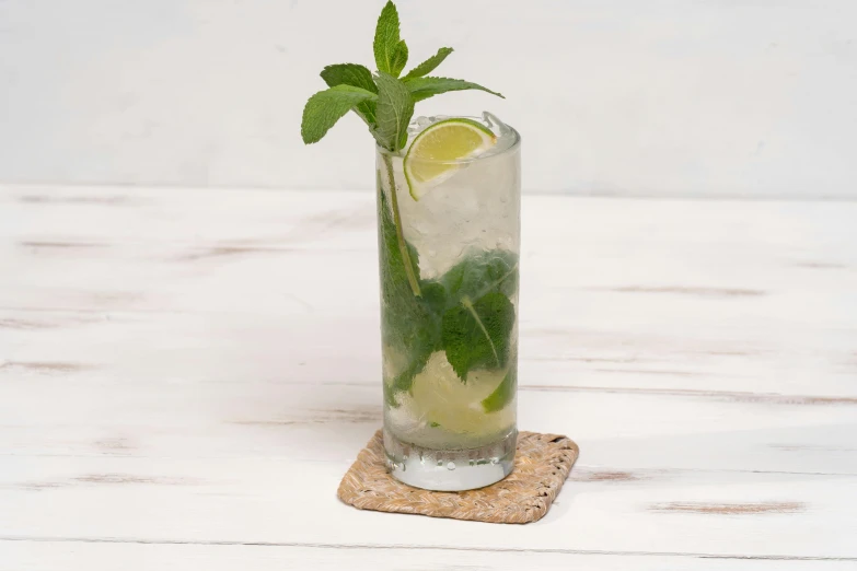 an old fashioned beverage with ice and mint sprigs on the edge