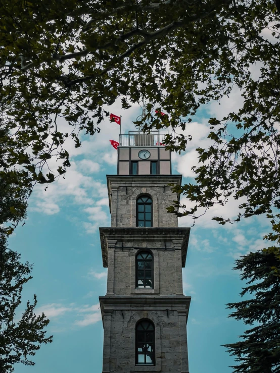 this is the top of a stone tower that is surrounded by trees