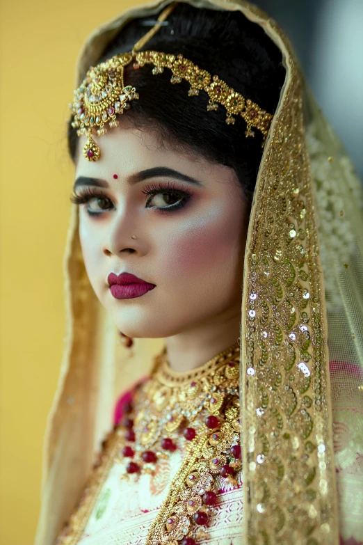 a woman in a veil and tiara with a bright red lip