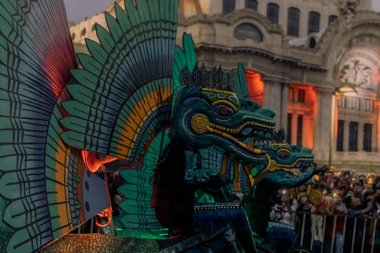 an elaborately decorated float on a city street