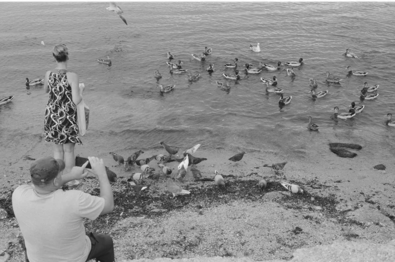 an older man and a  sitting on the beach and feeding the birds