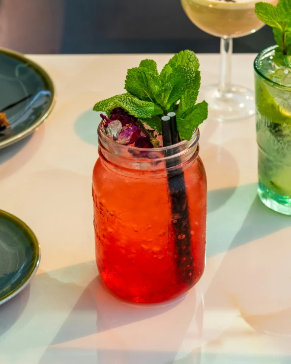 a glass filled with red liquid and mint next to another glass full of limeade