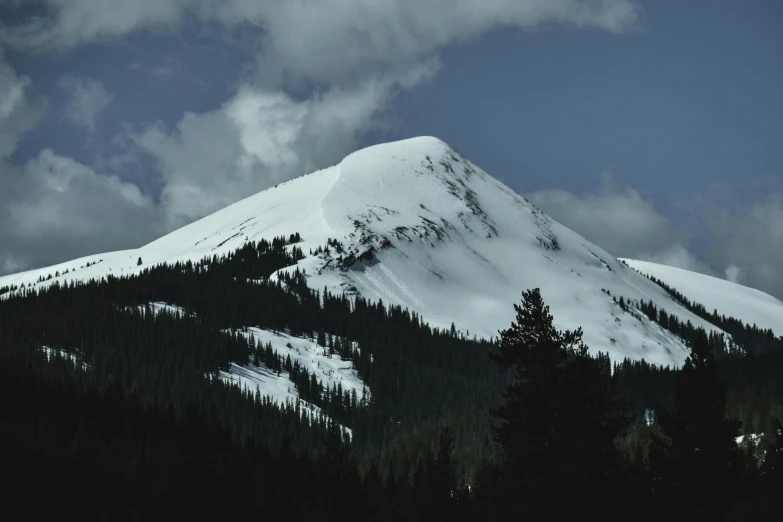 some snow capped mountains and pine trees under cloudy skies