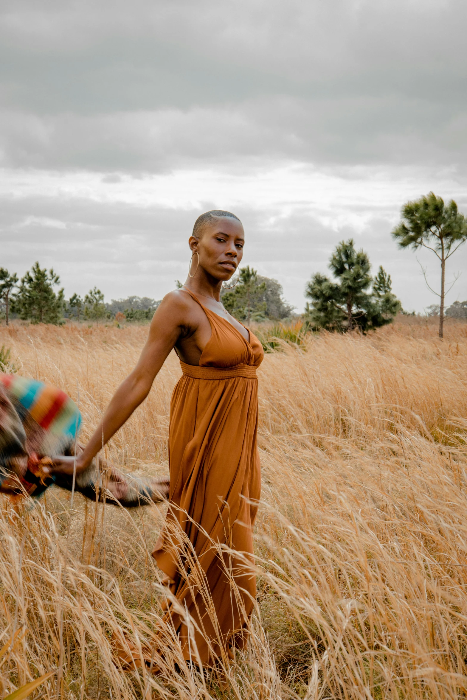 a woman in a dress stands in a field