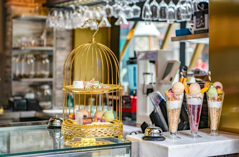 ice cream, sundaes and cake in a store