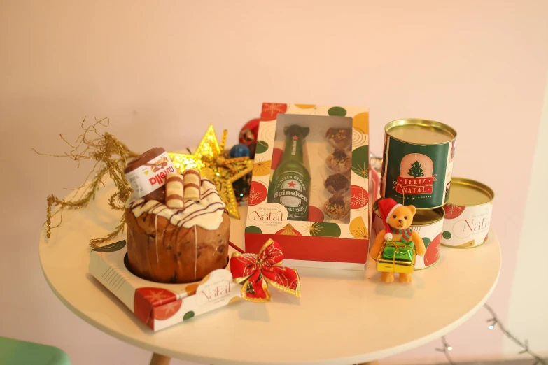 a cake, candies and candles sitting on a table