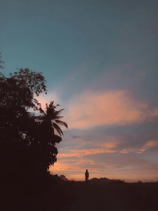 the silhouette of a person stands on top of a hill