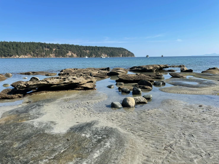 rocks and sand on the shore of a ocean