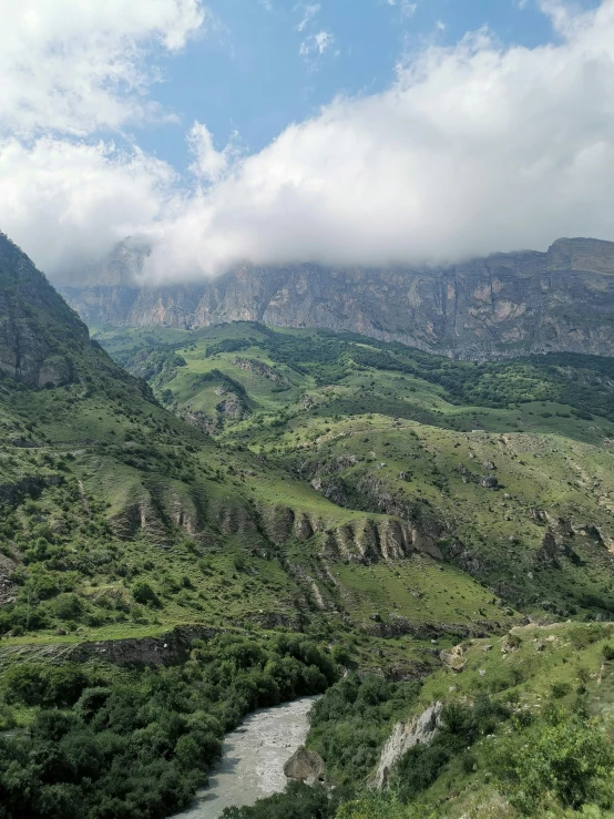 a view of a grassy river and mountains under cloudy skies