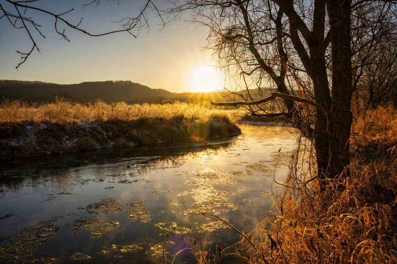 a river that has water near it with the sun in the background