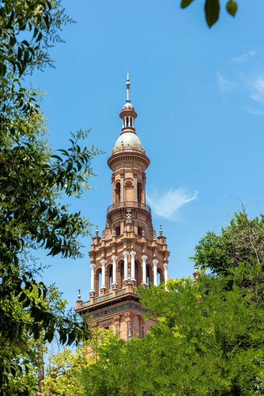 the tower with a clock is seen through the trees