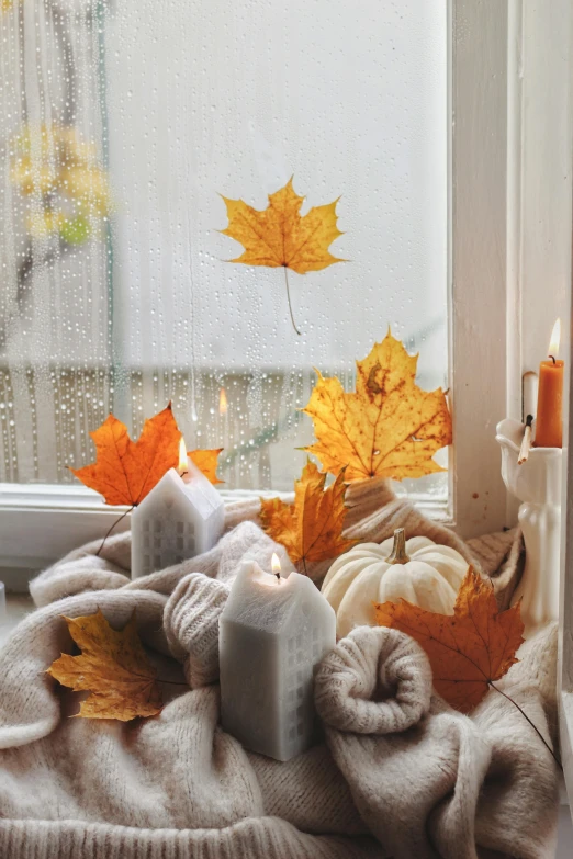 candles and autumn leaves are lying on a blanket next to a window