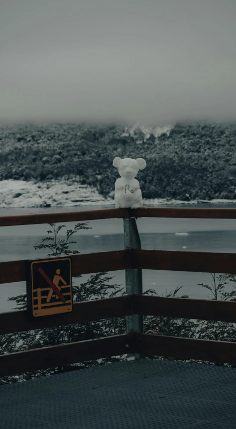 a stuffed animal on a railing with a beach in the background