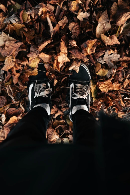 the feet of someone standing next to the leaf pile