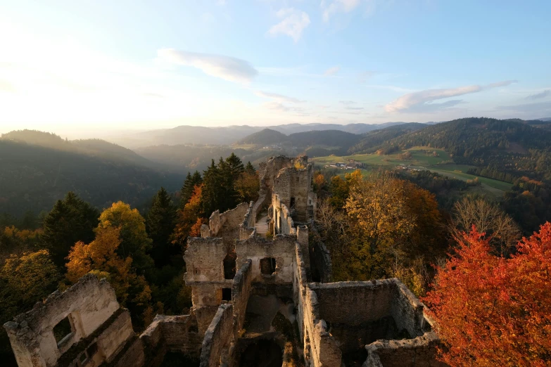 a view from an air plane of a castle, mountains, and trees