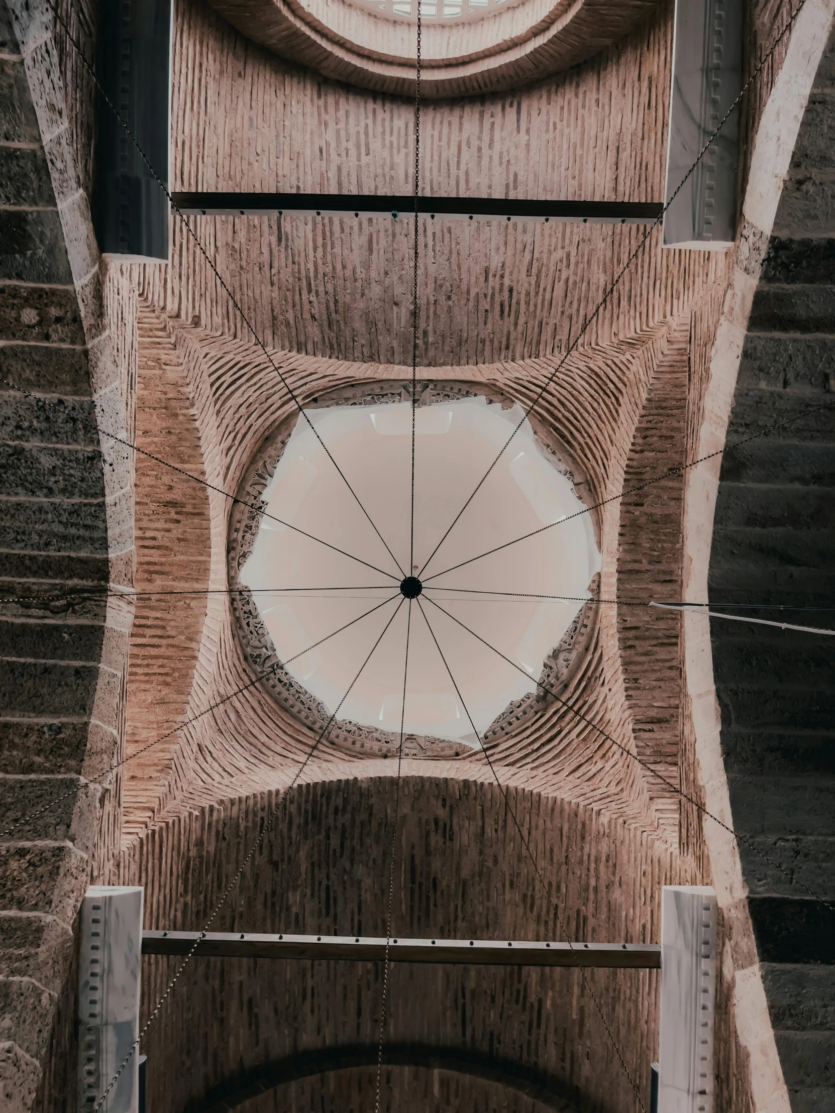 a view up the ceiling in a building