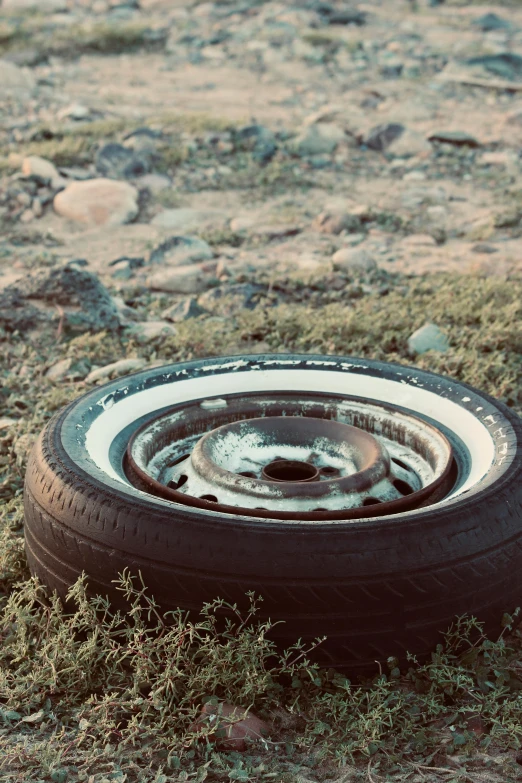 an old tire and some grass on a rocky surface