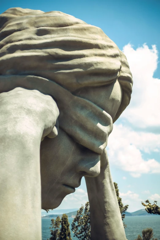 the head and shoulders of a statue are shown in front of a body of water