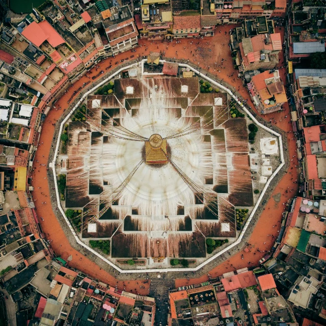 the view of a courtyard is seen from above