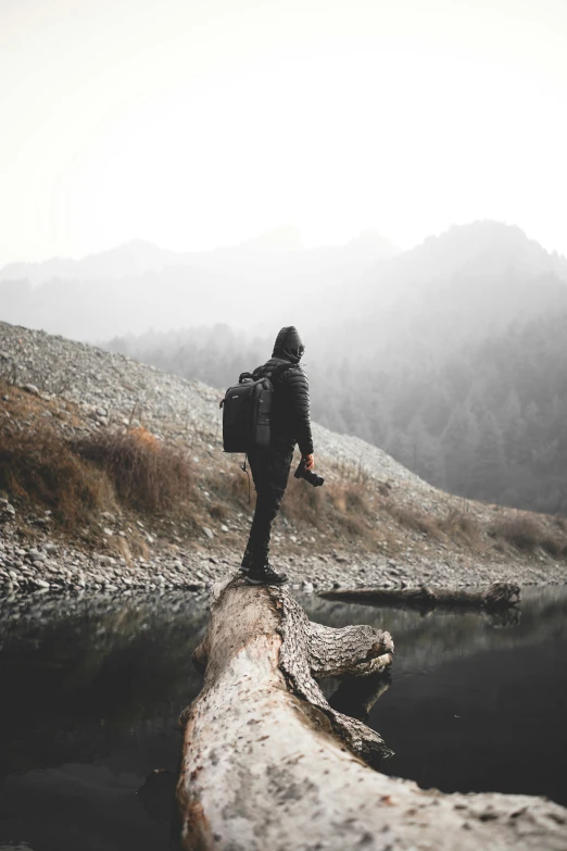 a person with a backpack standing on a log near water