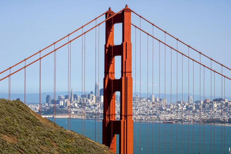 golden gate bridge, with cityscape in the distance