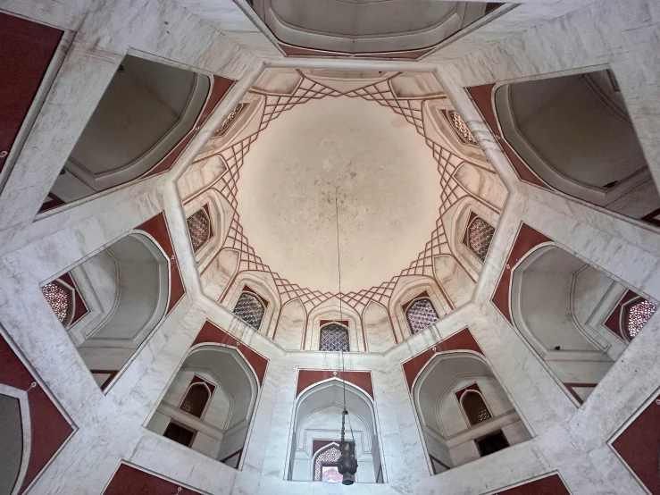 the inside view of a building with several columns