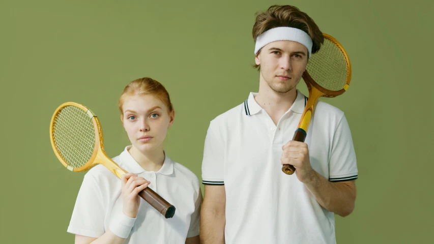 a young man and woman holding tennis rackets