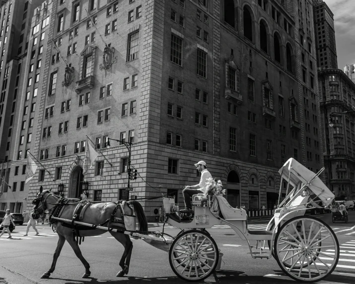 a couple of horse and buggies are riding down the road