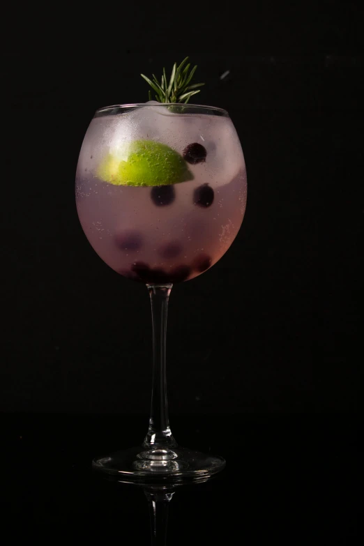 an alcohol glass has purple lemon and blue berries