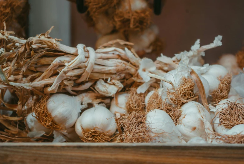 some white onion and garlic are in a wooden bowl