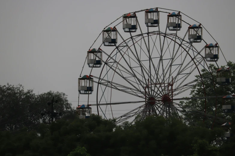 a ferris wheel sitting on top of a field next to trees