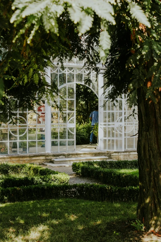 an empty walkway and several large mirrors in the garden