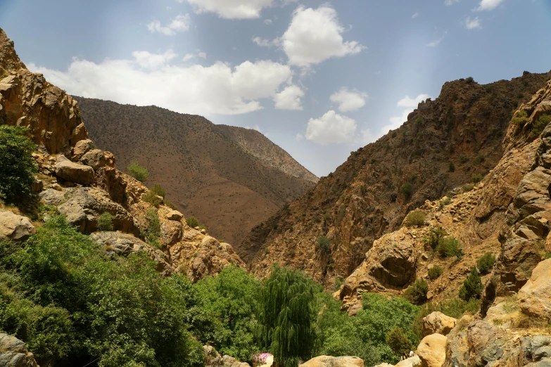 a mountain landscape with a valley and clouds