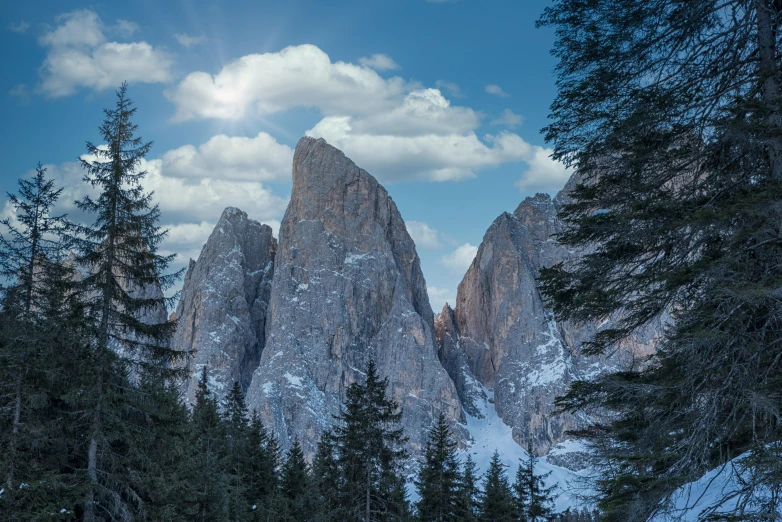 mountains with trees are in the foreground and snow