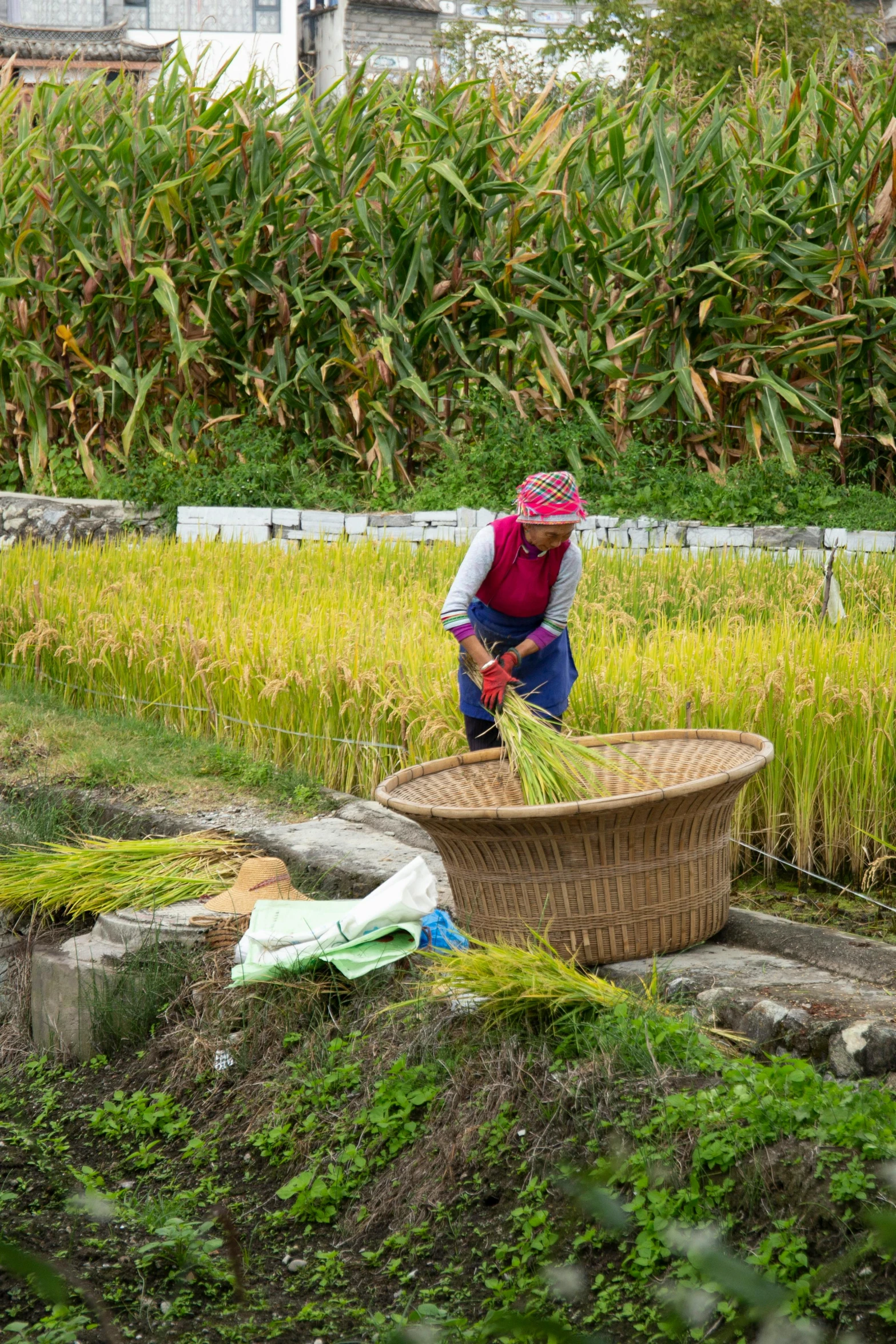 a woman wearing a red sweater is in a large basket