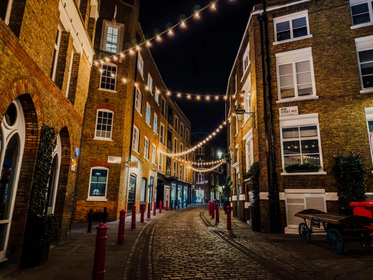 a cobblestone street in a town at night