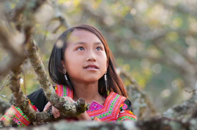 a  in a native american dress stands looking out through trees