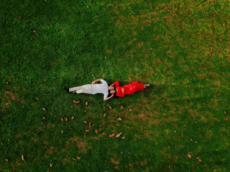 a bride and groom laying on grass in the park