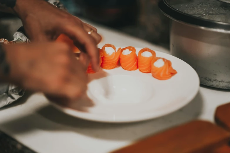 a close up of a person  up food