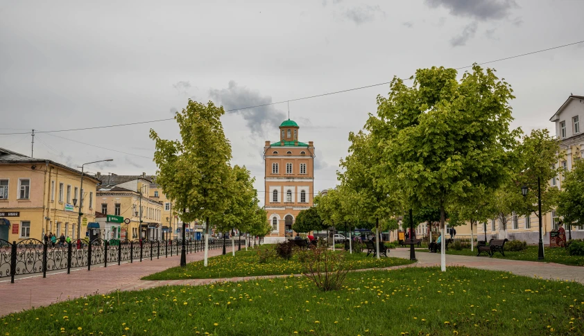 a wide, tree - lined street in front of buildings