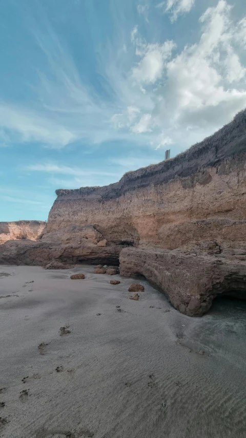 a beach area with a large cliff and a body of water