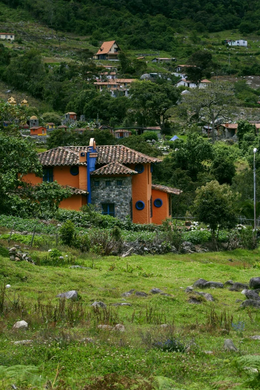 a house in the middle of a lush green field